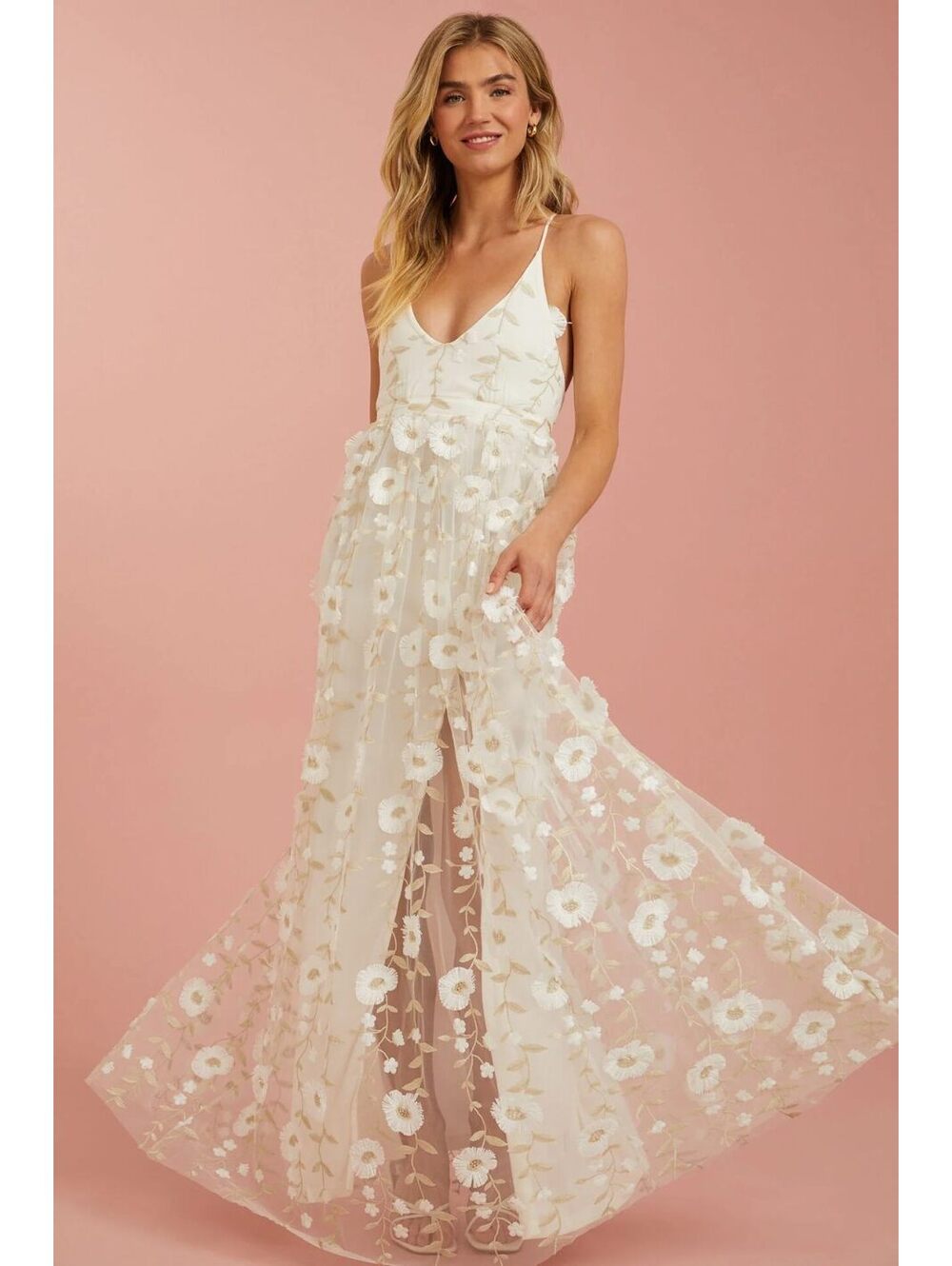 Altar'd State Caledonia 3D Floral Appliqué Maxi Gown Ivory S
